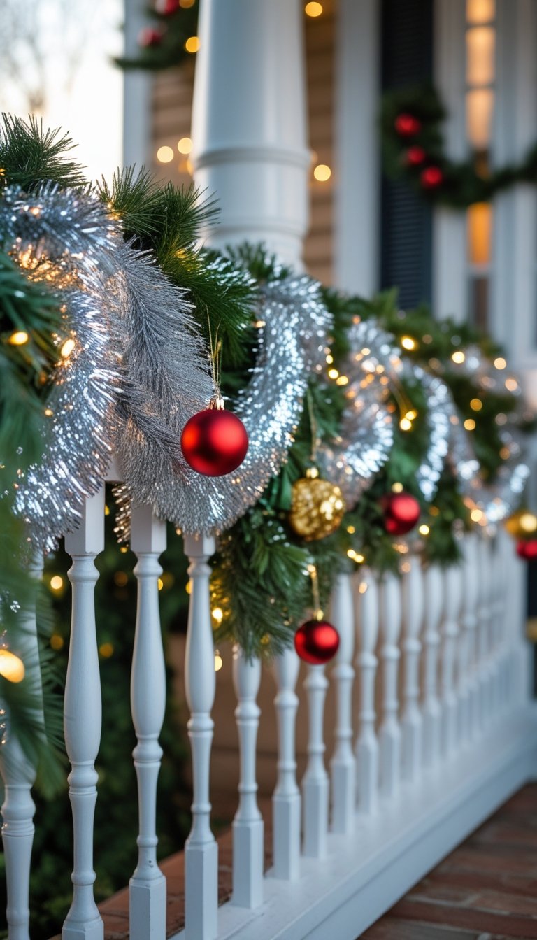 Front porch railing decorated with shiny silver tinsel, green garlands, and Christmas ornaments.