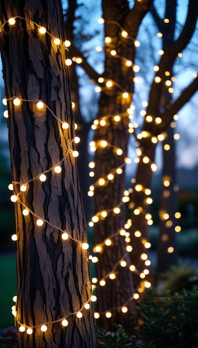 Warm white string lights wrapped around tree trunks and branches outdoors at dusk.