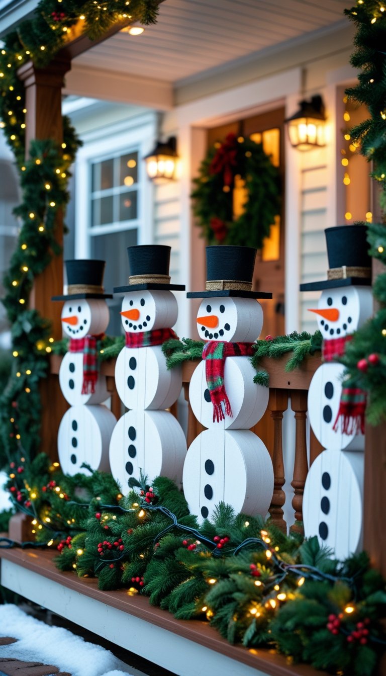 Front porch railing decorated with handmade wooden snowman ornaments, green garlands, and white string lights during Christmas.