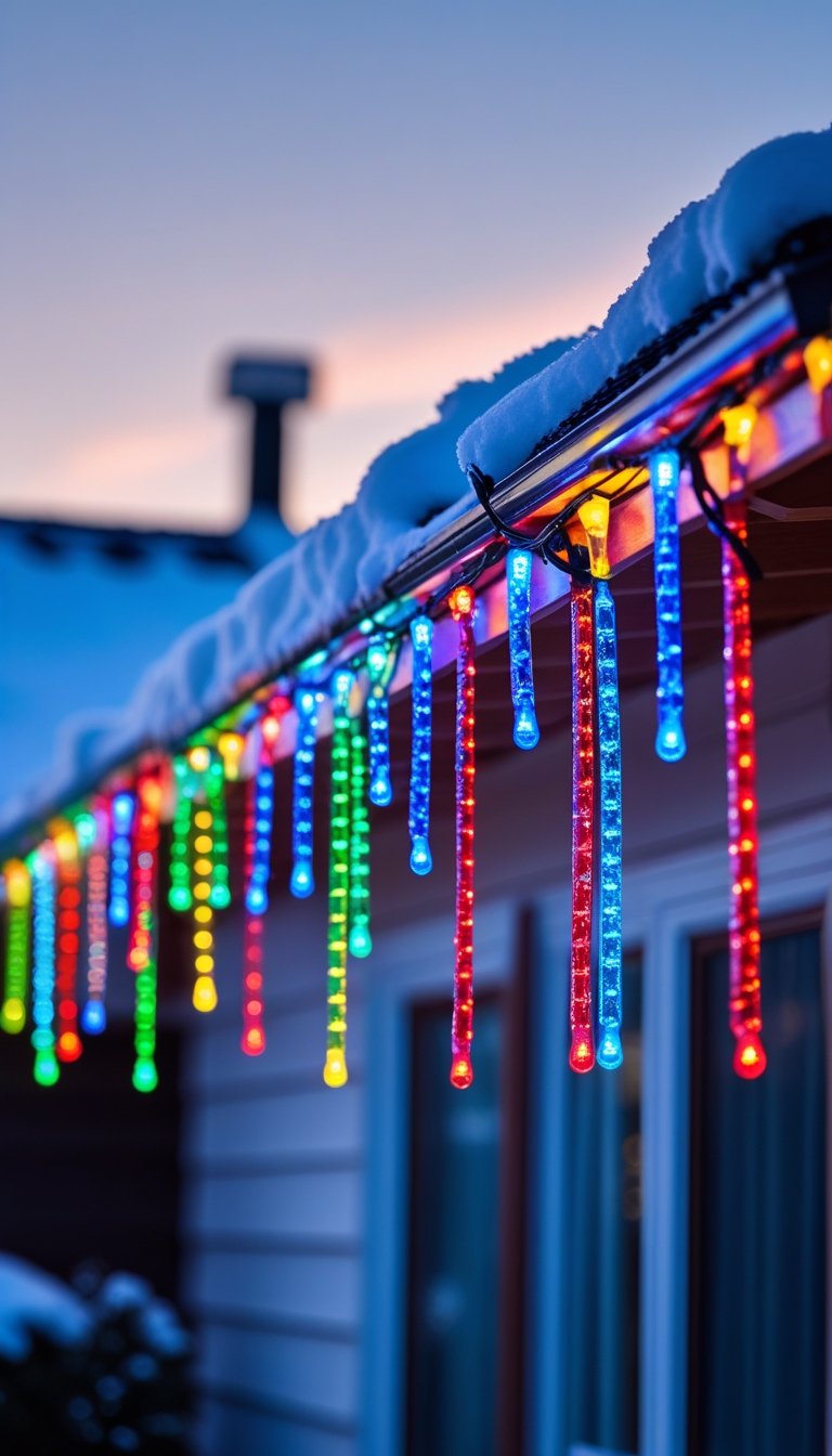 Colorful LED icicle lights hanging along the edges of a snow-covered house roof at dusk.
