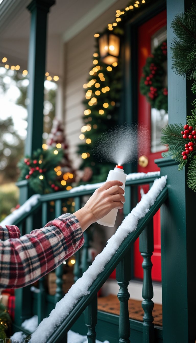 Hands spraying artificial snow on front porch railings decorated with pine garlands, berries, and lights during Christmas.