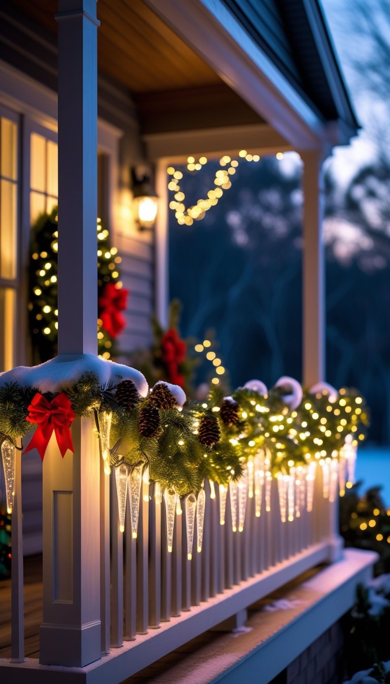 Front porch railing decorated with glowing LED icicle lights and festive Christmas greenery.