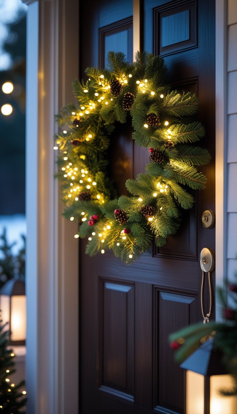 Front door decorated with a glowing Christmas wreath with integrated LED lights.
