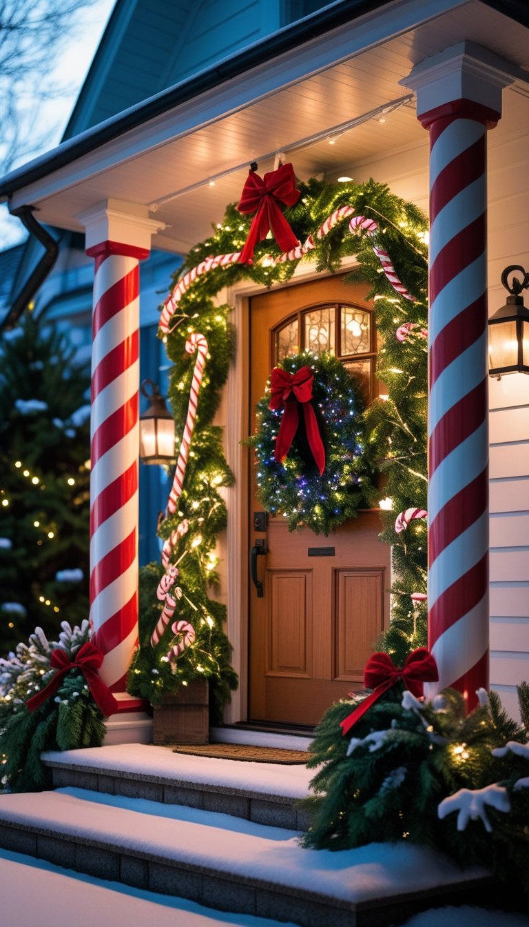 A front porch with a wooden door flanked by two candy cane striped poles decorated with garlands and lights, with snow on the ground.