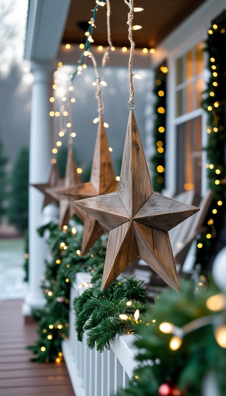 Christmas front porch railing decorated with rustic wooden stars, pine garlands, and soft glowing lights.