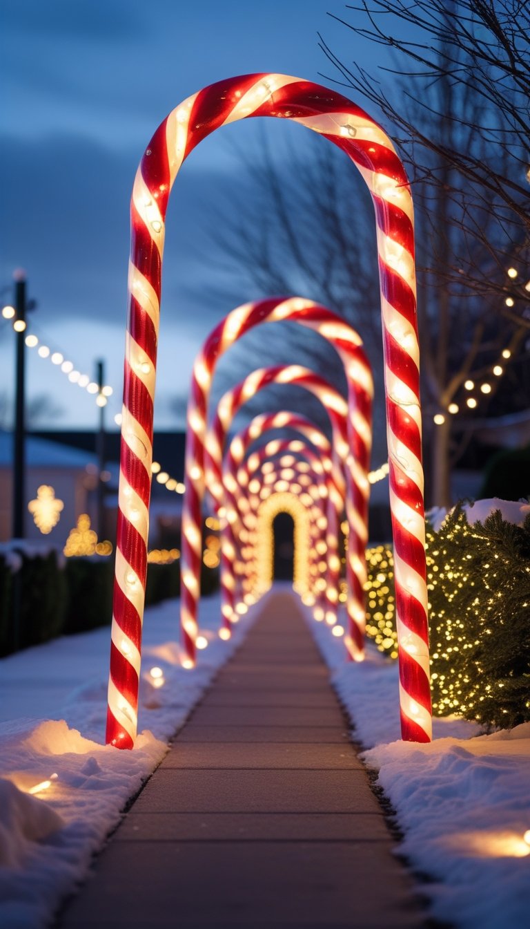 Outdoor walkway lined with large illuminated candy cane decorations glowing at dusk during Christmas.