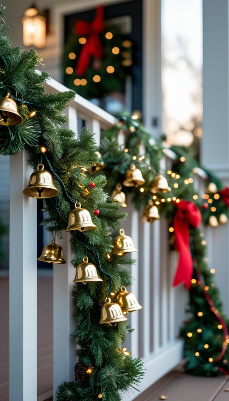 Front porch railing decorated with green garlands, clusters of small golden bells, red ribbons, and white lights during Christmas.