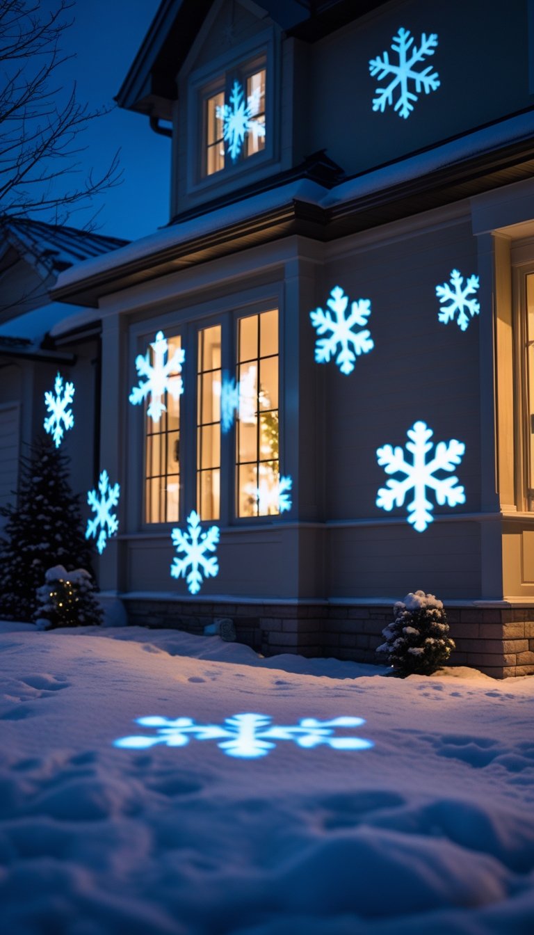 House facade at night with moving snowflake lights projected onto it.
