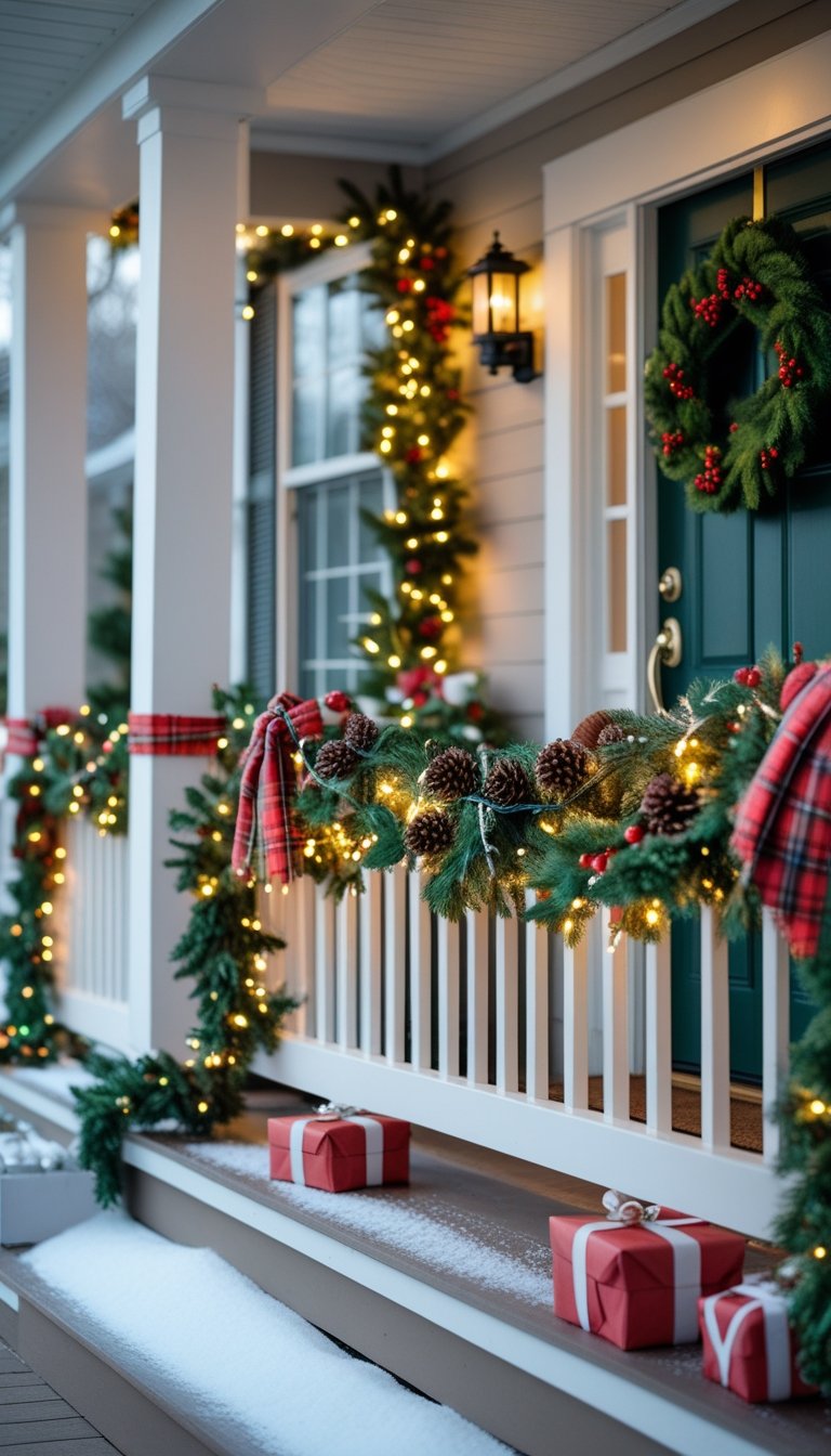 Front porch with Christmas decorations including plaid fabric wrapped around the railing, greenery garlands, and festive ornaments.
