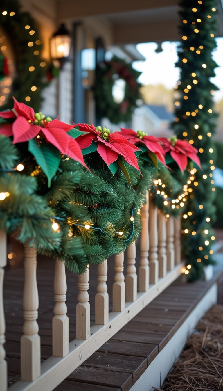 Front porch railing decorated with green garlands and red faux poinsettia flowers with warm white lights.