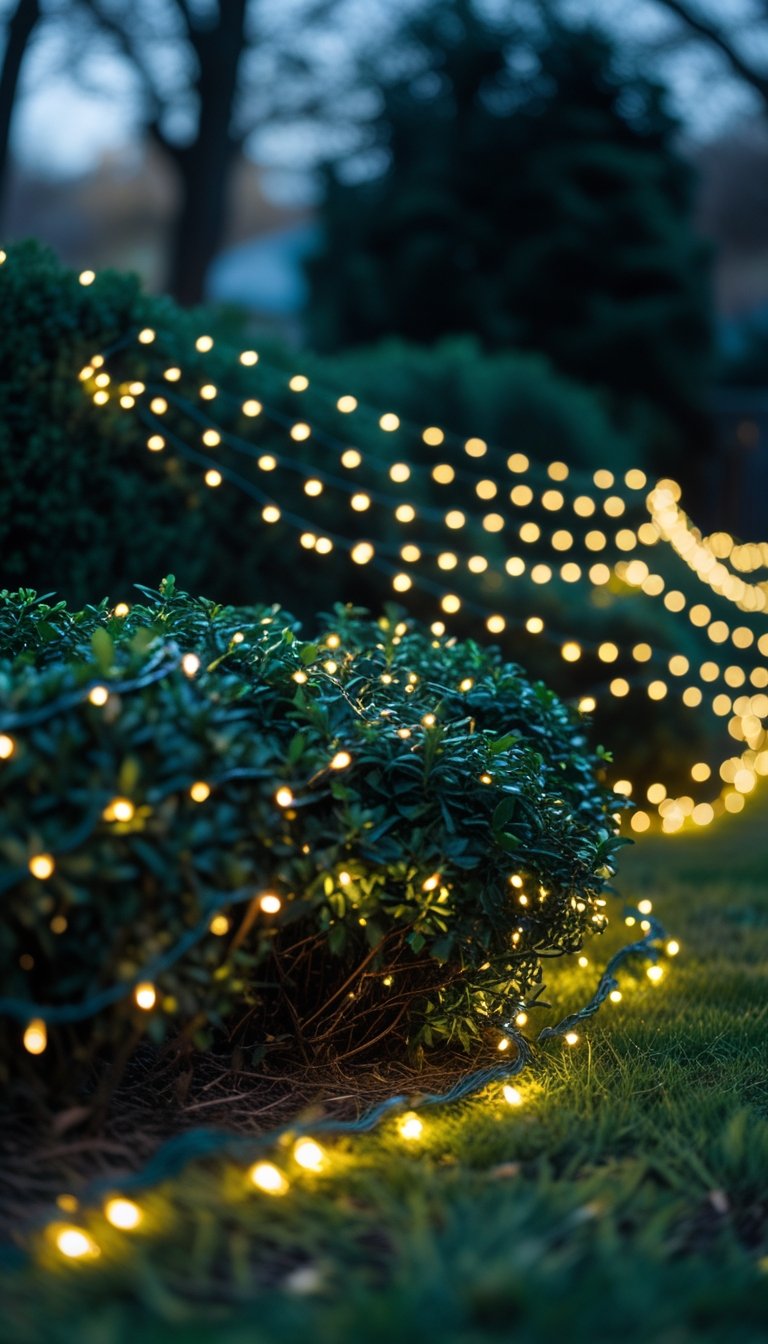 Green bushes outdoors covered evenly with glowing net lights during the evening.