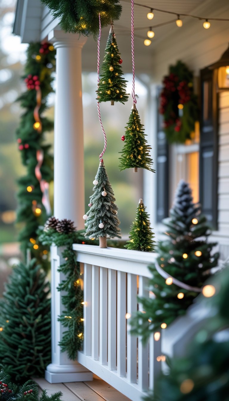 Front porch railing decorated with hanging miniature Christmas trees and festive holiday decorations.