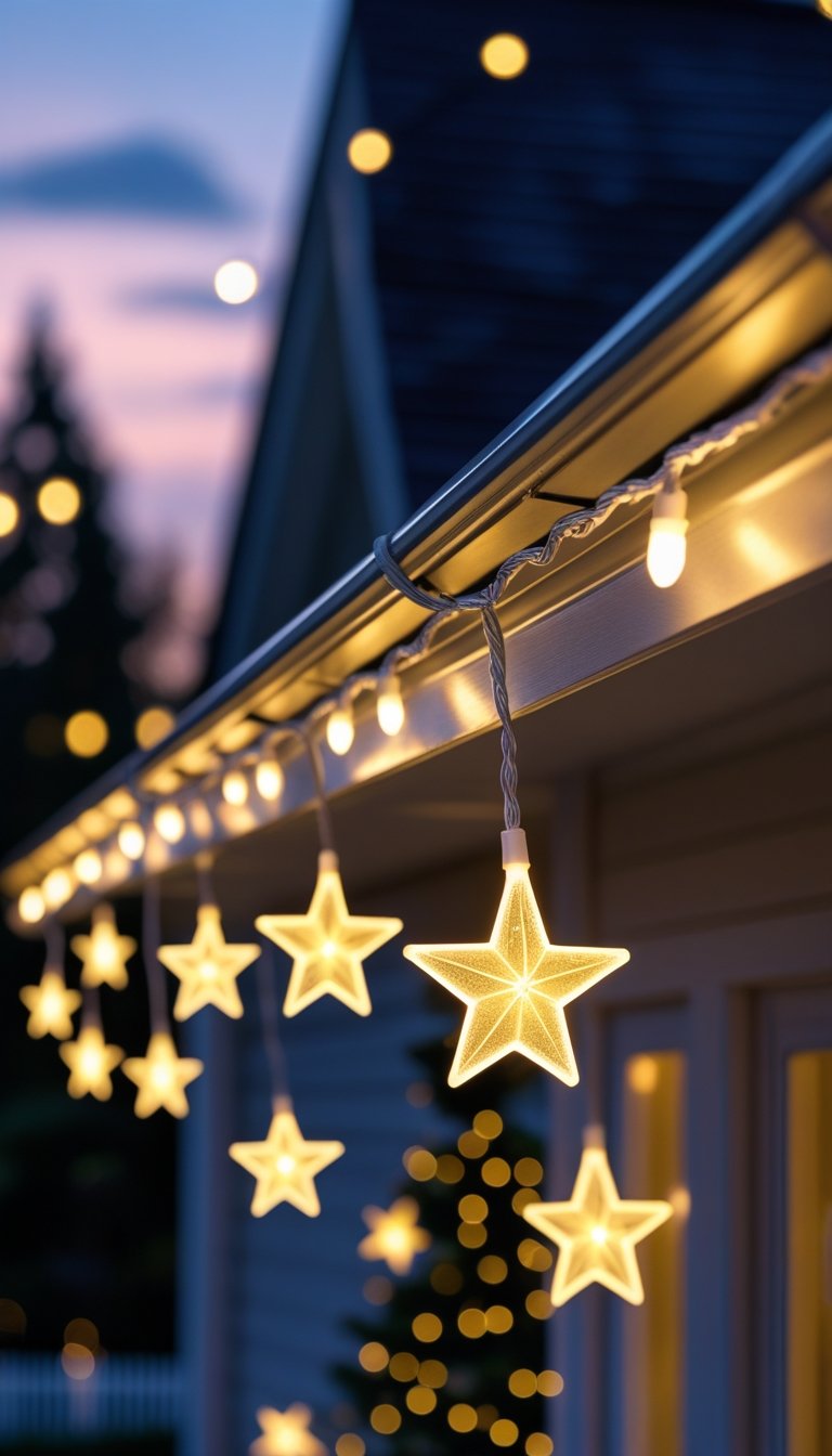 Star-shaped string lights hanging from house gutters glowing in the evening.