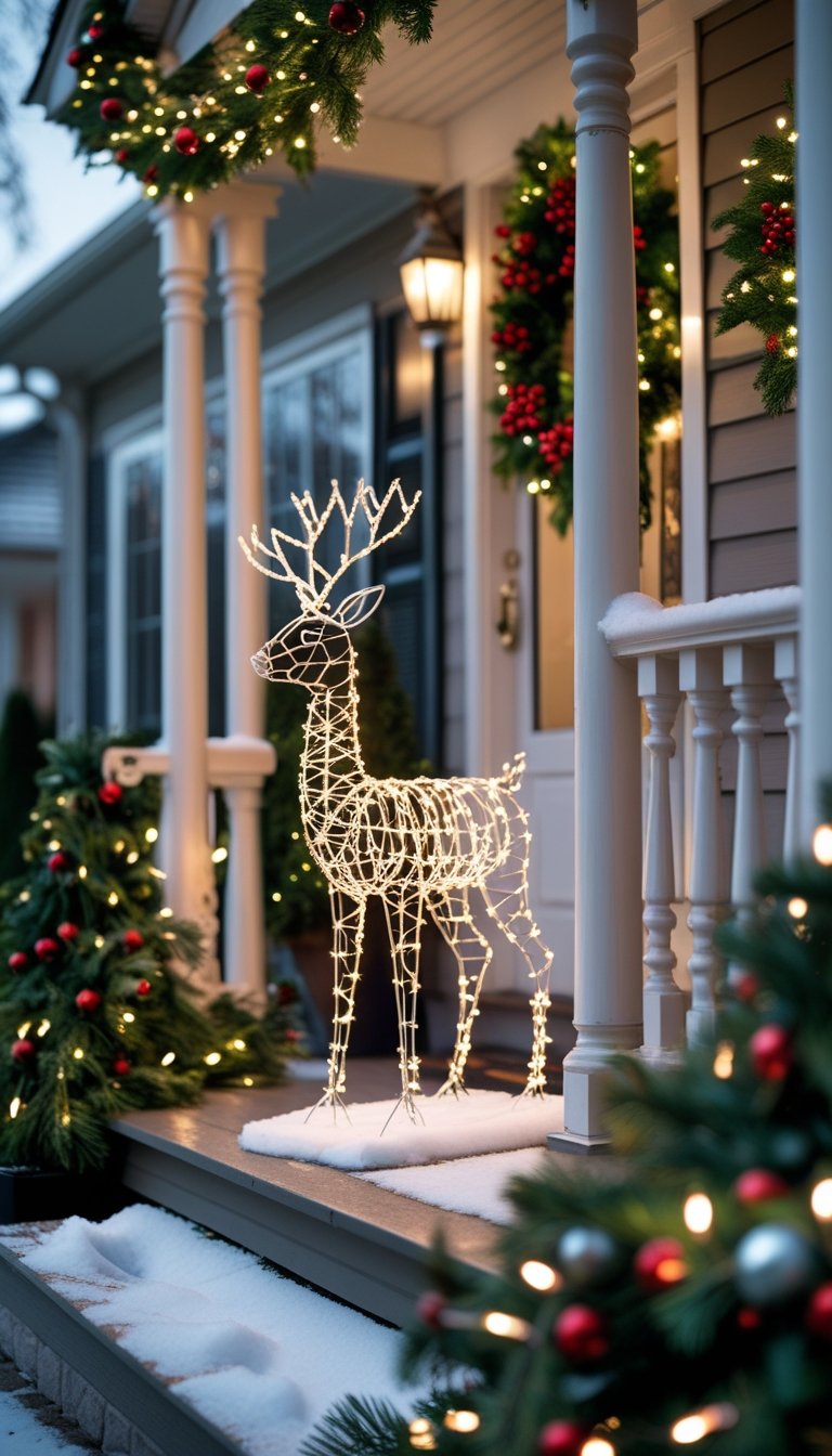 A front porch decorated for Christmas with a wire frame reindeer near railings wrapped in lights and garlands.