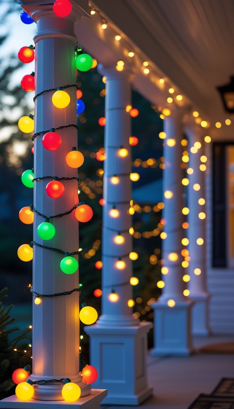 Porch columns wrapped with colorful globe string lights glowing in the evening outdoors.