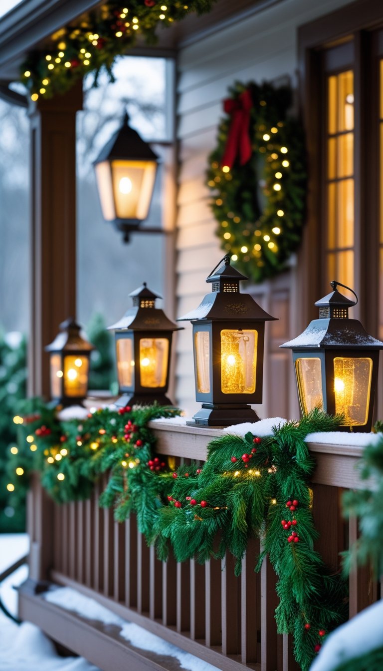 Front porch decorated for Christmas with lanterns hanging on the railing, green garlands, and a wreath on the door.