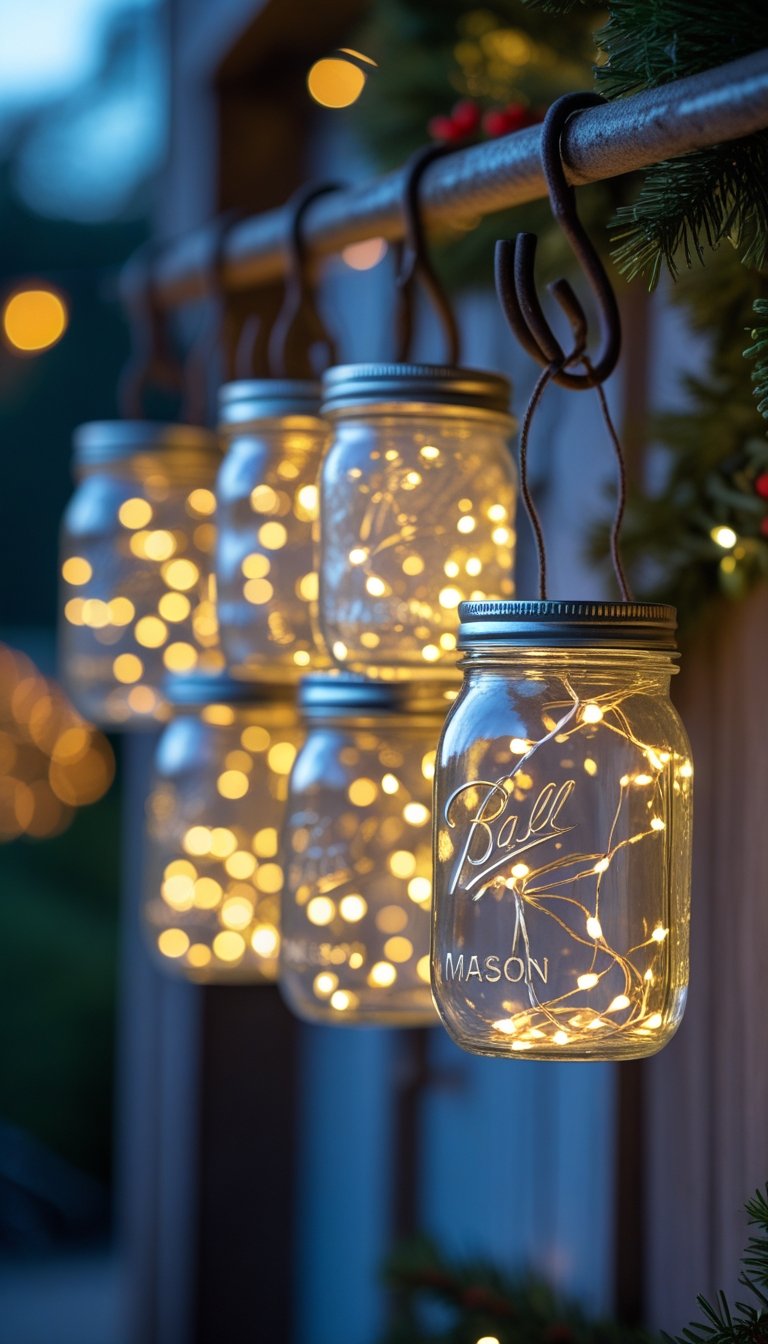 Mason jars filled with white LED fairy lights hanging from hooks outdoors with greenery in the background.