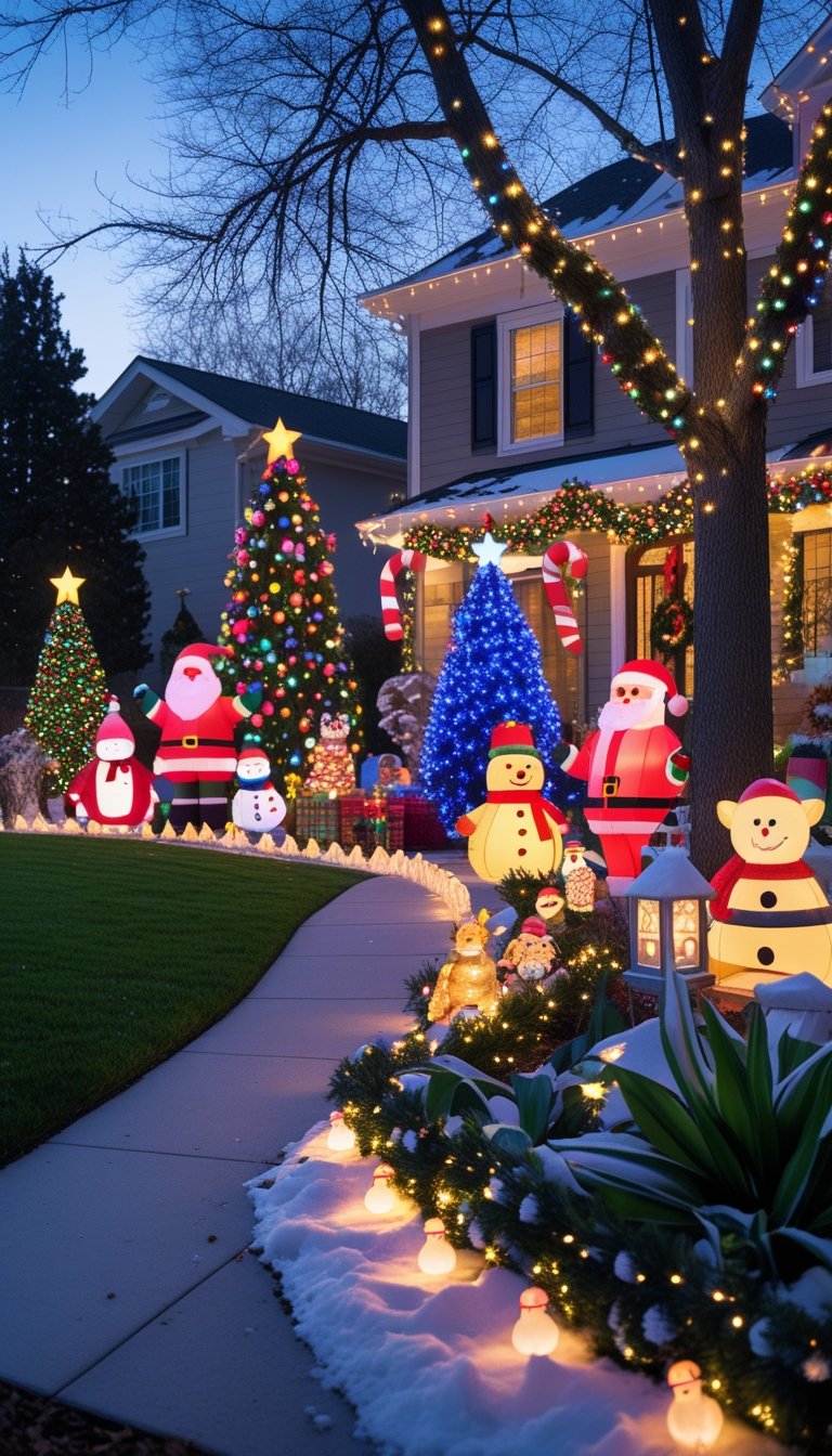 A front yard decorated with Christmas lights, wreaths, inflatable holiday characters, candy cane stakes, and decorated trees with snow on the ground.
