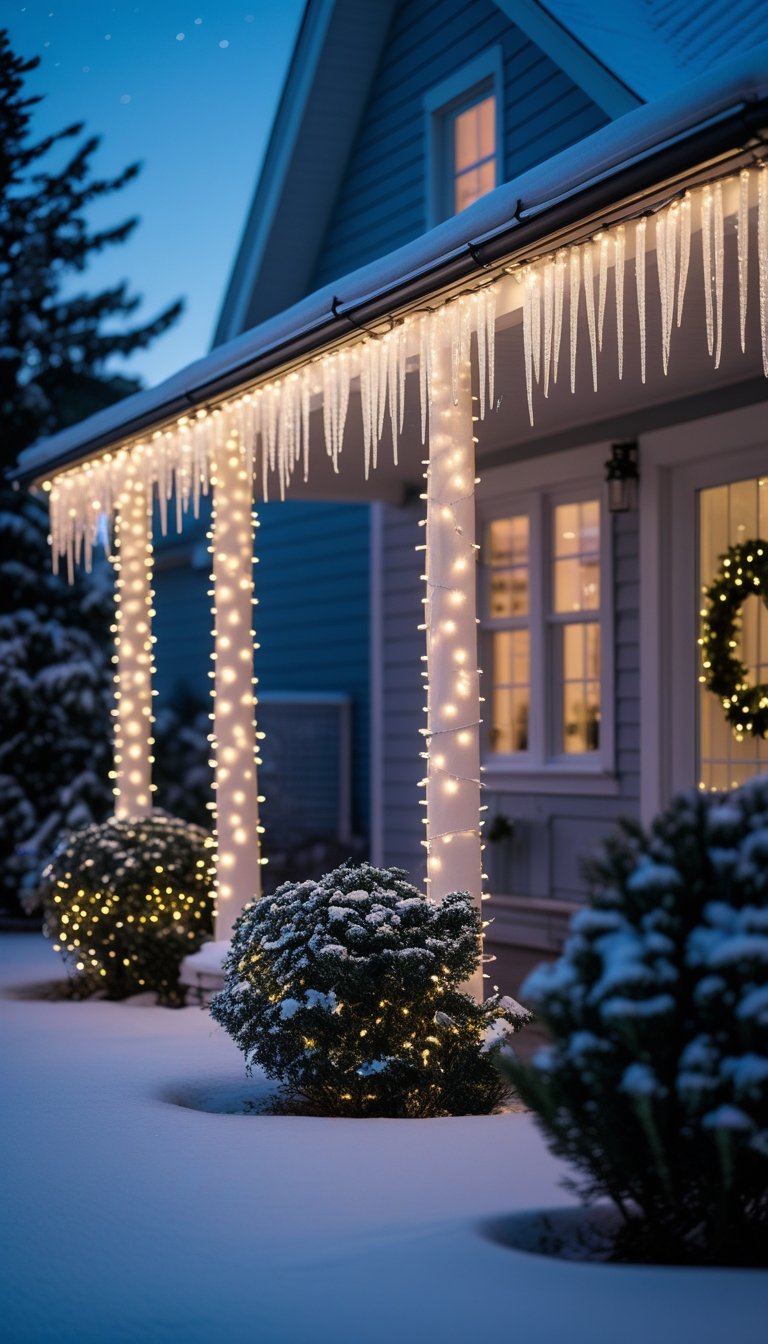 Twinkling icicle string lights hanging from a snow-covered house roof in a decorated outdoor yard at Christmas.