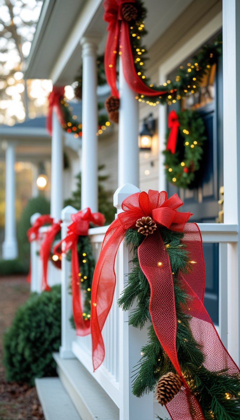 Front porch railing wrapped with red mesh ribbon and decorated with green garlands and pine cones for Christmas.