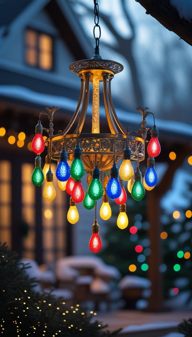 Outdoor chandelier light fixture decorated with colorful holiday bulbs glowing warmly in an evening setting.
