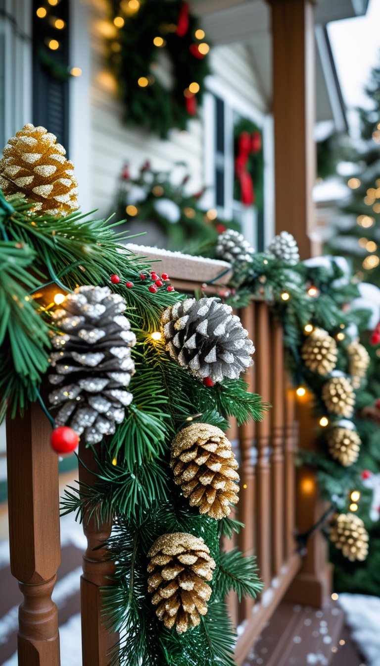 A front porch railing decorated with glittered pinecones, pine garlands, red berries, and white fairy lights, dusted lightly with snow.