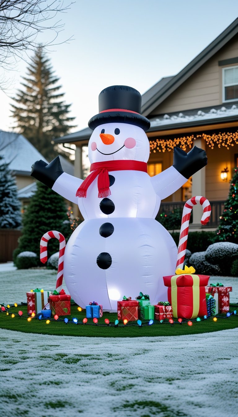 A large inflatable snowman in a decorated outdoor yard with Christmas lights and trees in winter.
