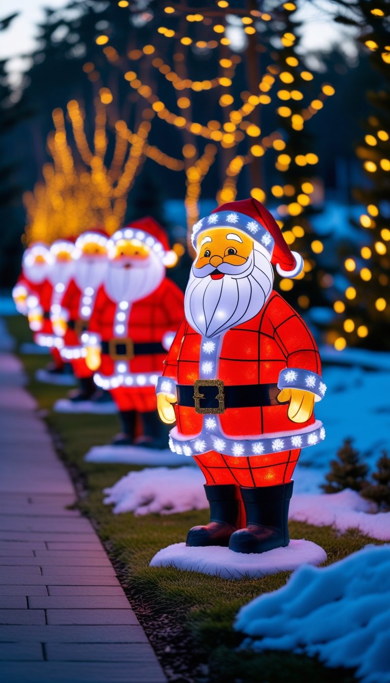 Outdoor pathway lined with Santa Claus-shaped lights glowing along a snowy garden path during Christmas.