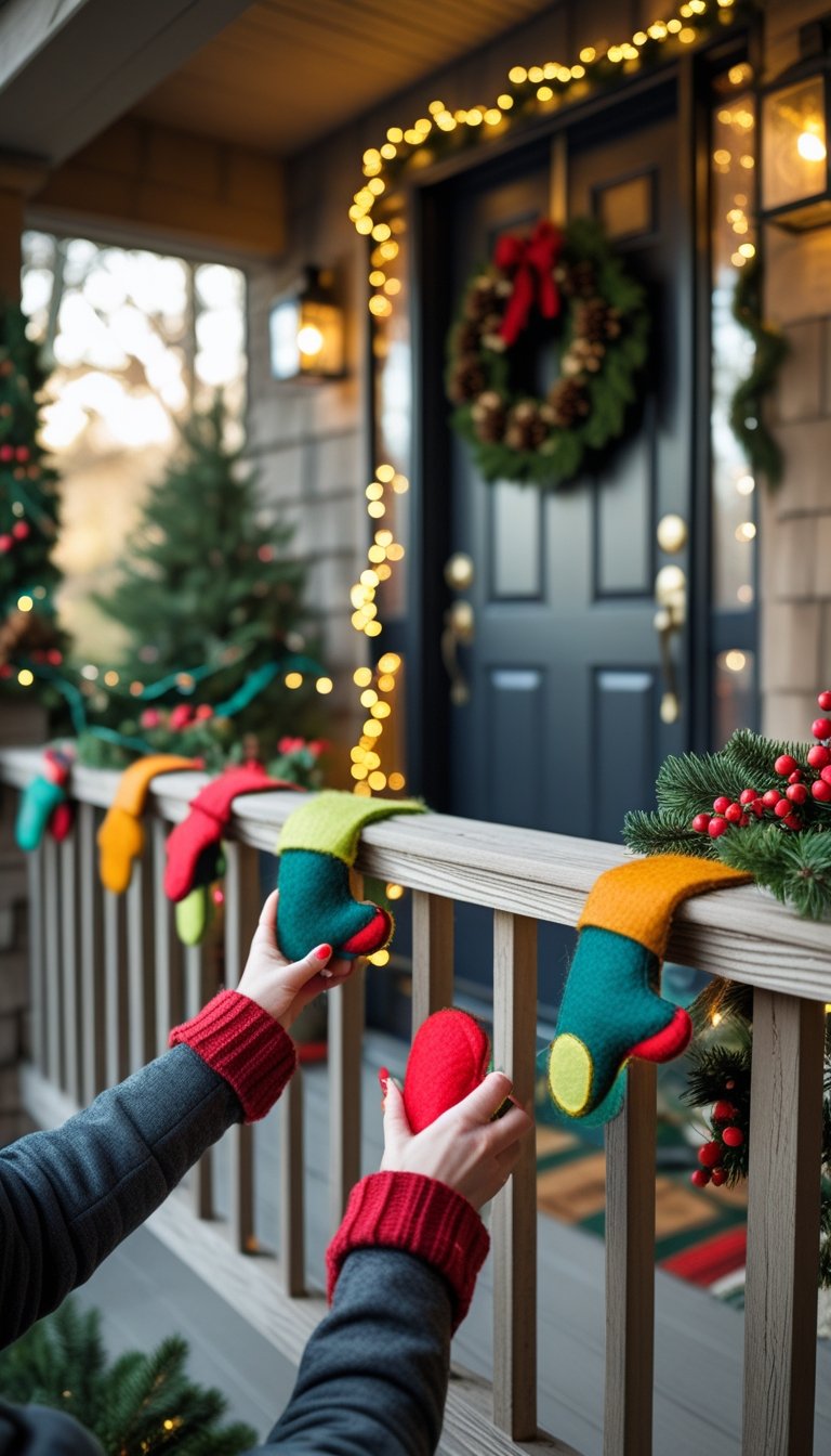 Hands attaching colorful felt mitten ornaments to a wooden front porch railing decorated for Christmas.