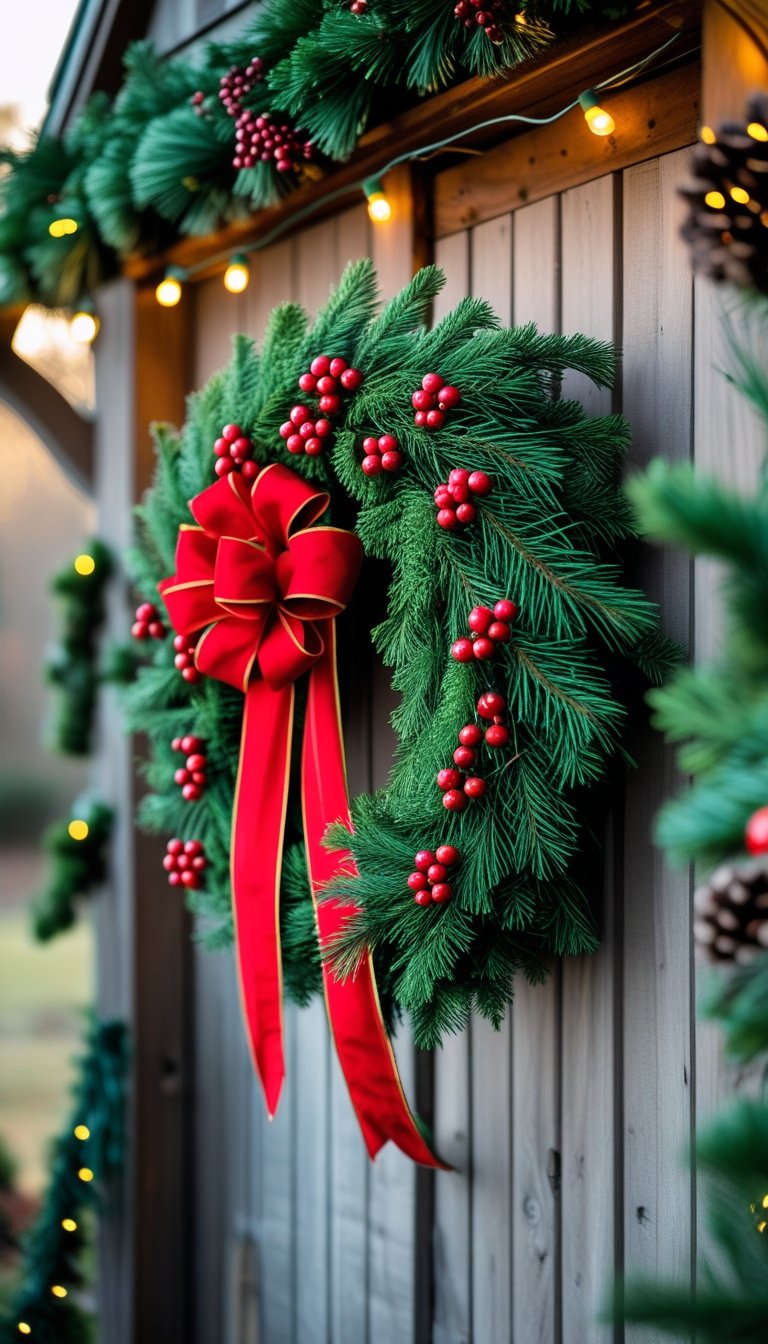 A classic Christmas wreath with green pine branches and red berries hanging outdoors on a wooden fence surrounded by holiday decorations.