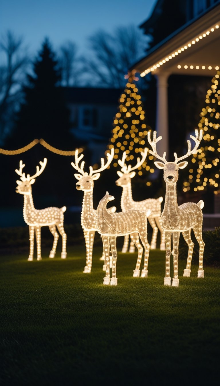 Several illuminated reindeer light figures displayed on a lawn at dusk with other Christmas lights in the background.