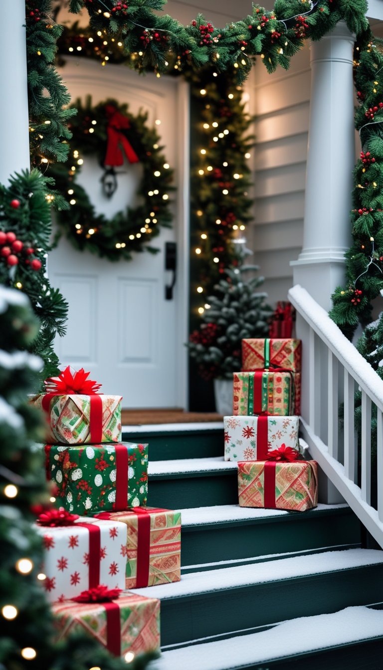 Gift boxes wrapped in holiday paper placed on front porch steps decorated with garlands and lights.