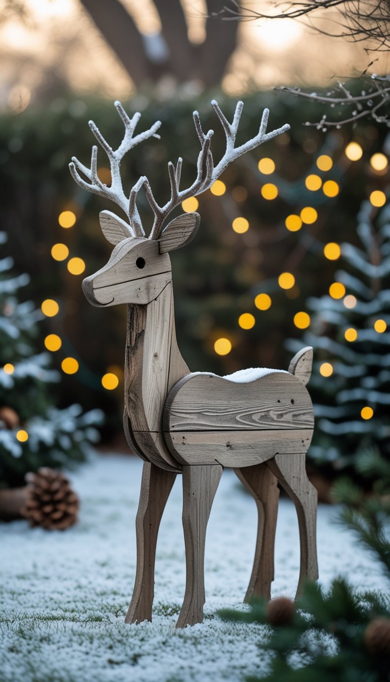 A wooden reindeer silhouette standing outdoors in a snowy yard decorated for Christmas.