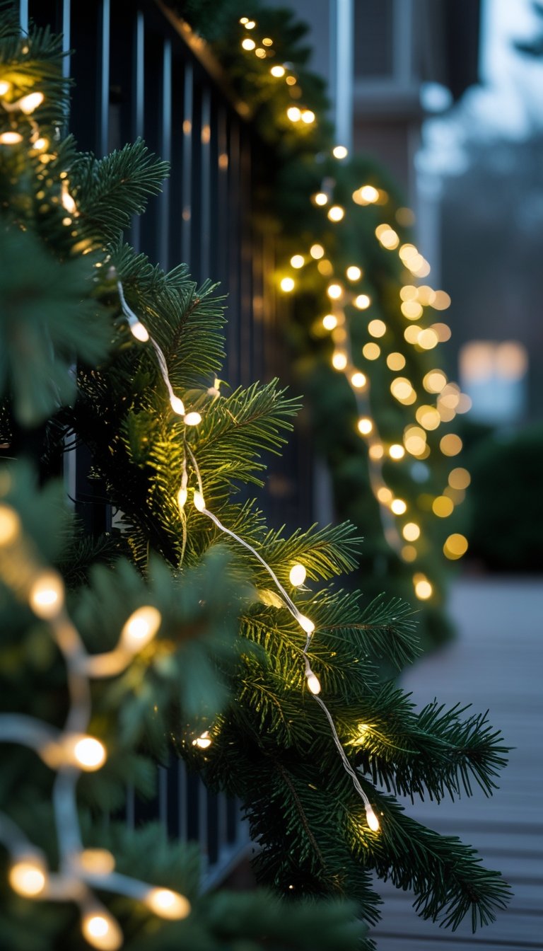 Twinkle lights woven through green evergreen garlands wrapped around outdoor railings at dusk.