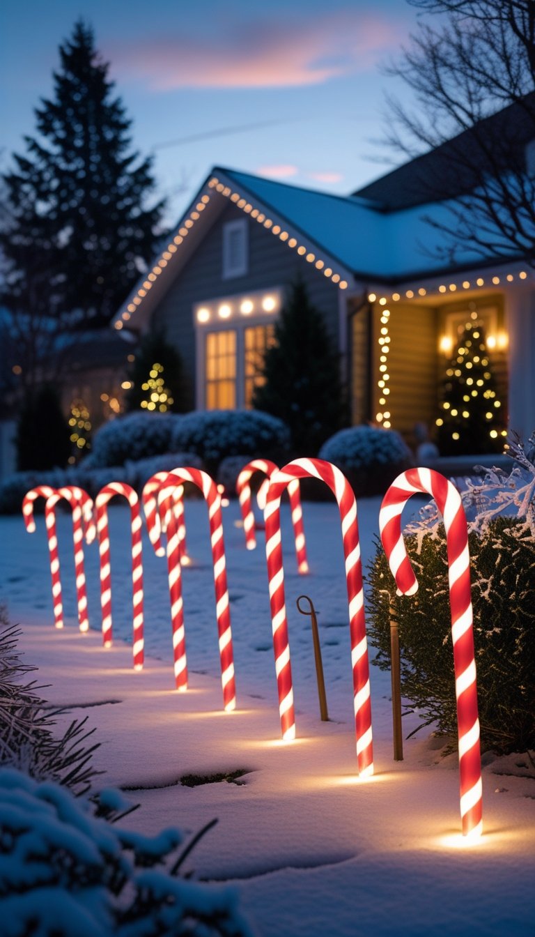 Snowy front yard at dusk with glowing candy cane stakes lining a walkway and a house decorated with Christmas lights in the background.