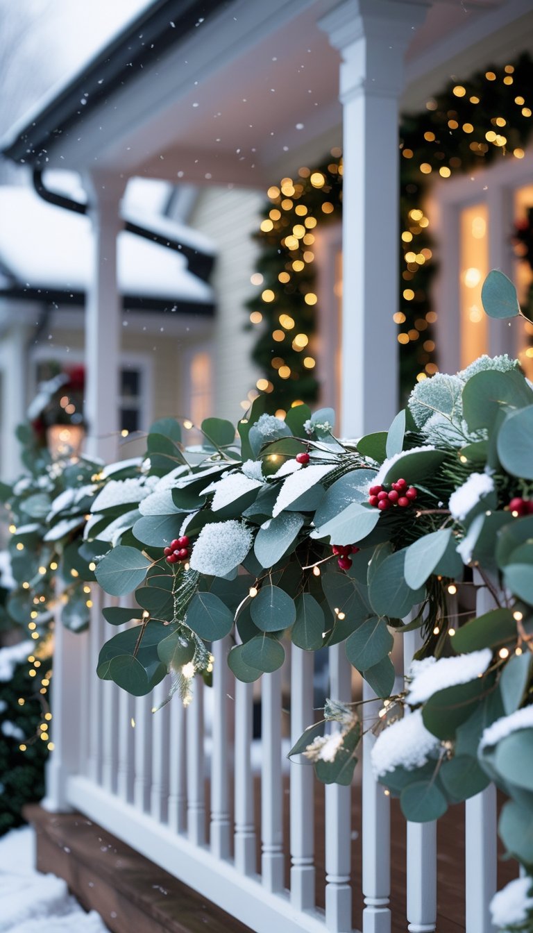 Front porch railing decorated with snow-dusted eucalyptus greenery and Christmas lights during gentle snowfall.
