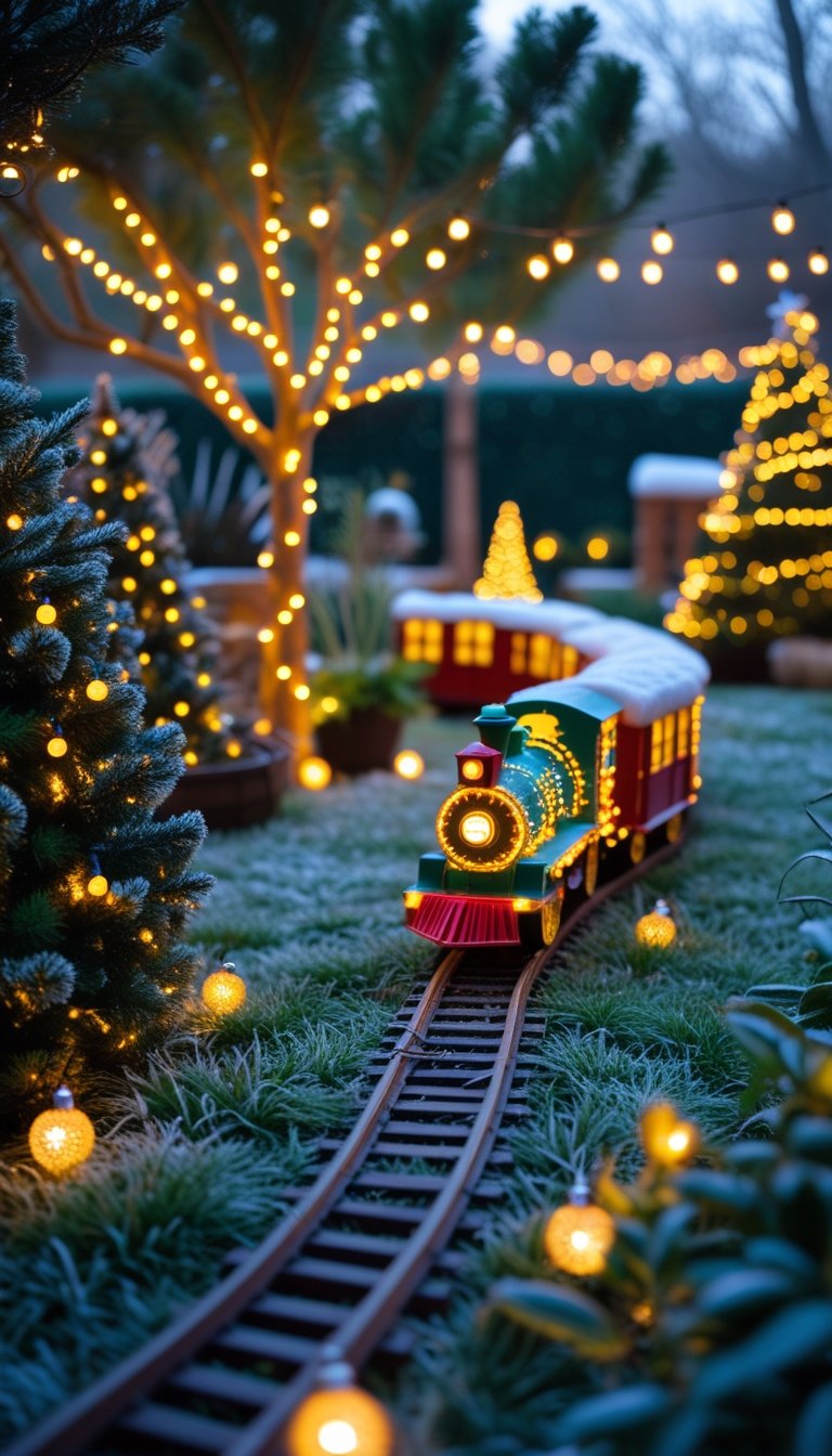 An outdoor garden at dusk with a light-up train set circling around decorated greenery and Christmas lights.