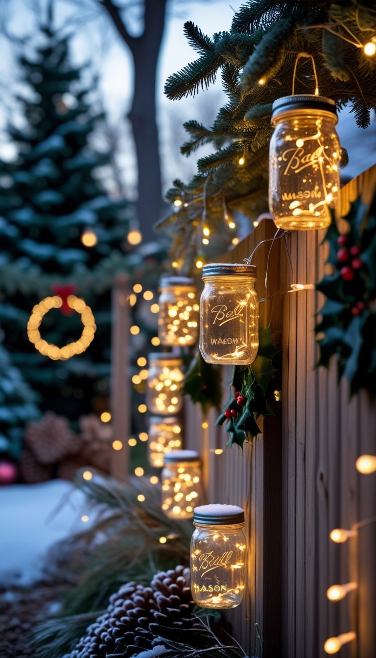 Outdoor Christmas yard decorated with glowing mason jar lanterns hanging from trees and placed along a fence at dusk.