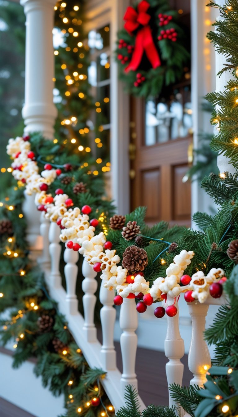 Front porch railing decorated with strings of popcorn and cranberries, pine garlands, and warm white lights during Christmas.