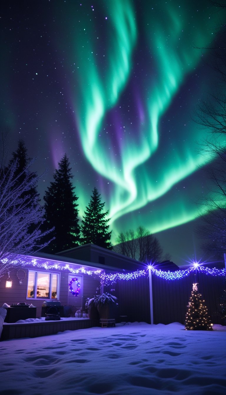 Outdoor scene with laser projectors creating colorful northern lights effects over a backyard decorated for Christmas.