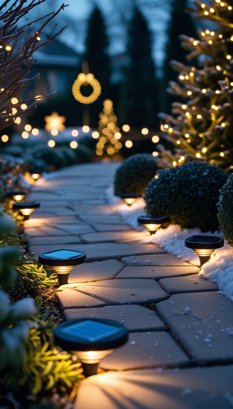A garden path lit by solar-powered LED markers with Christmas decorations and snow-dusted plants at night.