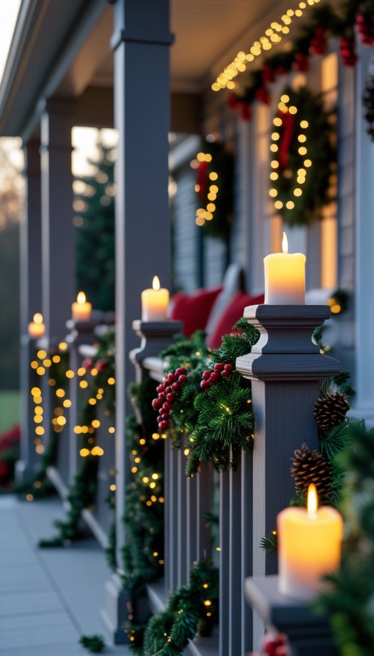 Front porch railing decorated with electric candles on top of posts and green garlands with red berries.