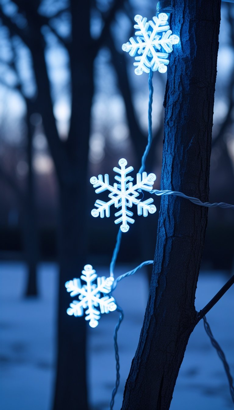 Blue and white snowflake string lights wrapped around tree branches outdoors at twilight.