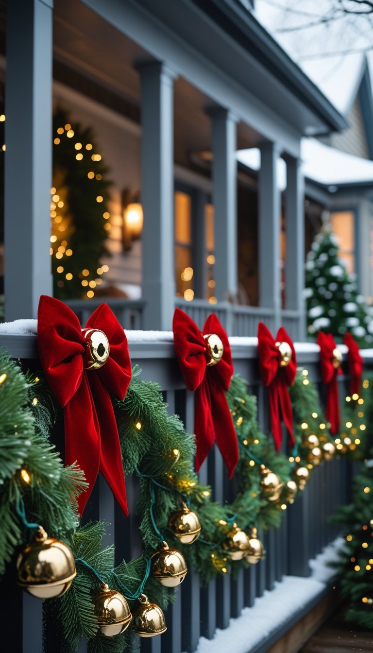 A front porch railing decorated with red velvet bows and gold jingle bells, wrapped in green garlands with white lights, with a house in the background.