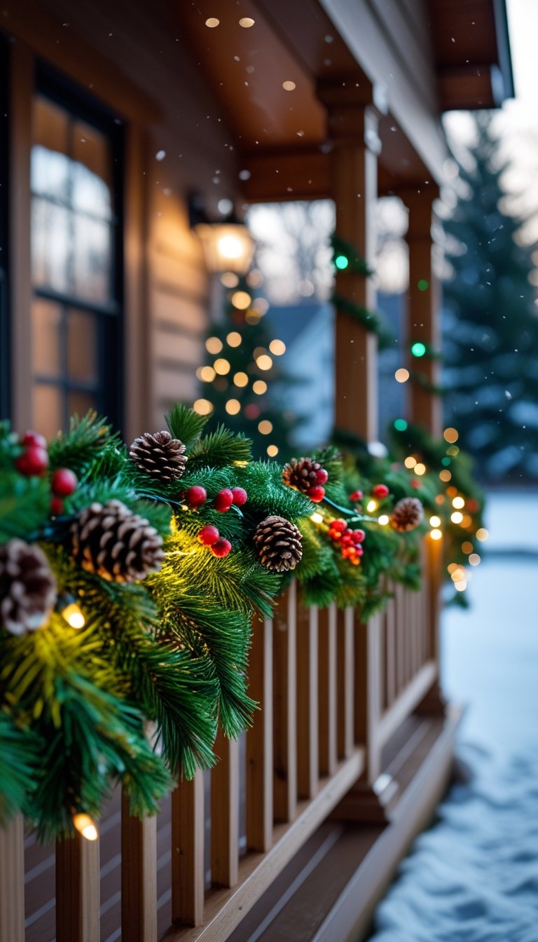 A porch railing wrapped with a green Christmas garland decorated with red berries, pine cones, and white lights, with snow falling in the background.