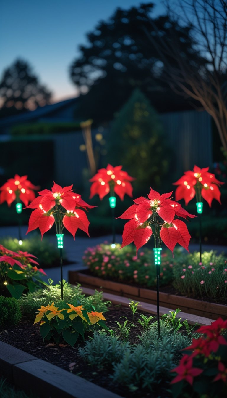 Lighted poinsettia plant stakes glowing in flower beds outdoors at dusk.