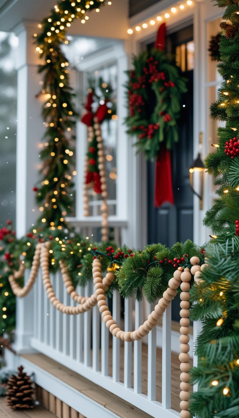 A front porch railing decorated with natural wood bead garlands, pine garlands, red berries, and string lights for Christmas.