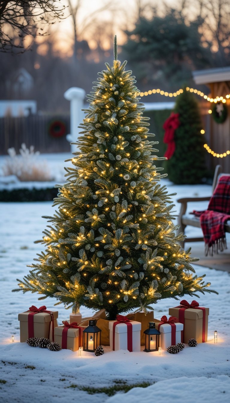 A pre-lit artificial Christmas tree decorated with white lights standing in a snowy yard surrounded by holiday decorations.