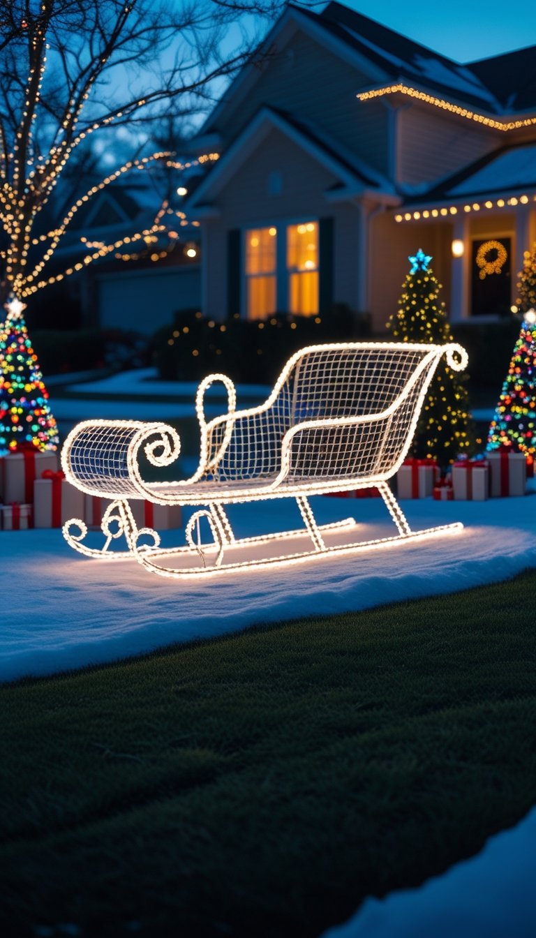 Outdoor Christmas yard with a glowing wireframe sleigh light display surrounded by festive decorations and snow.