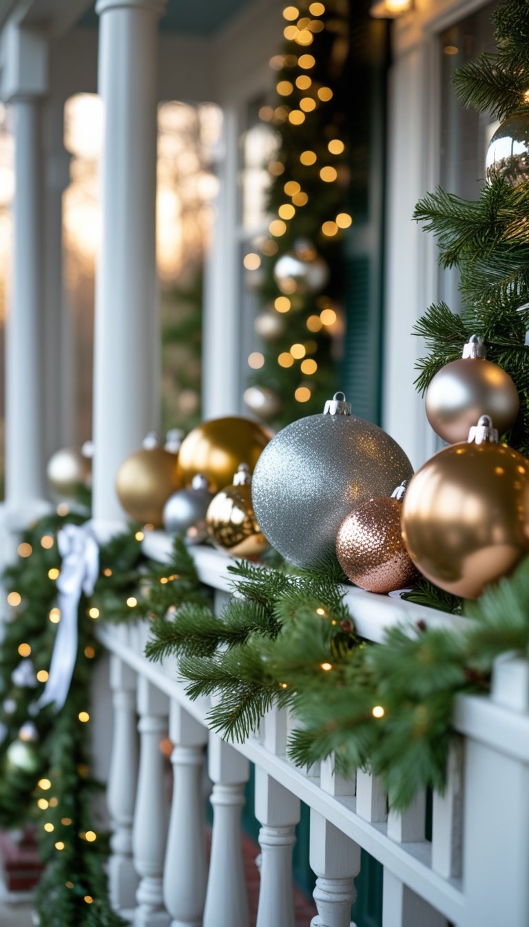 Front porch railing decorated with metallic Christmas ornament balls and pine garlands with lights.
